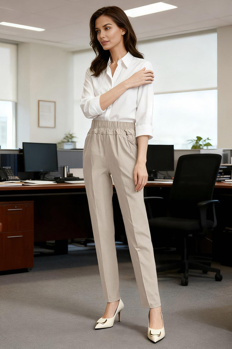 Soojun Womens Summer Elastic Waist Comfy Stretch Pull On Pants, Color Khaki, Small - Image 5